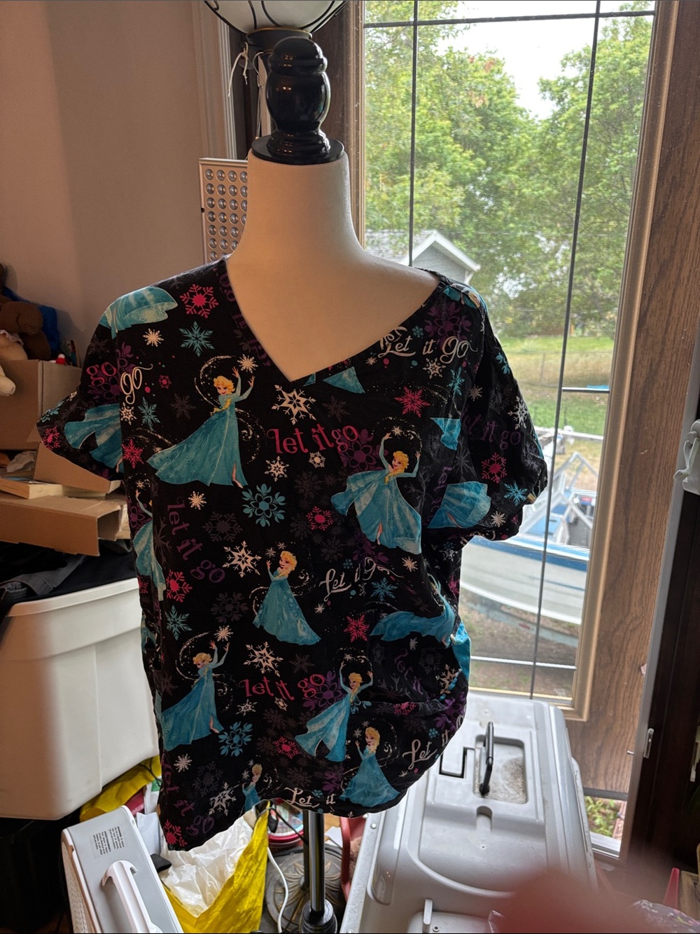 Disney Black Short Sleeve Top with Blue Frozen Character Print